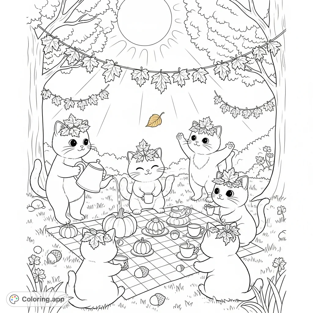 A whimsical autumn tea party with adorable cats, miniature pumpkin treats, and fall leaf garlands in a sun-dappled clearing, perfect for intricate coloring.