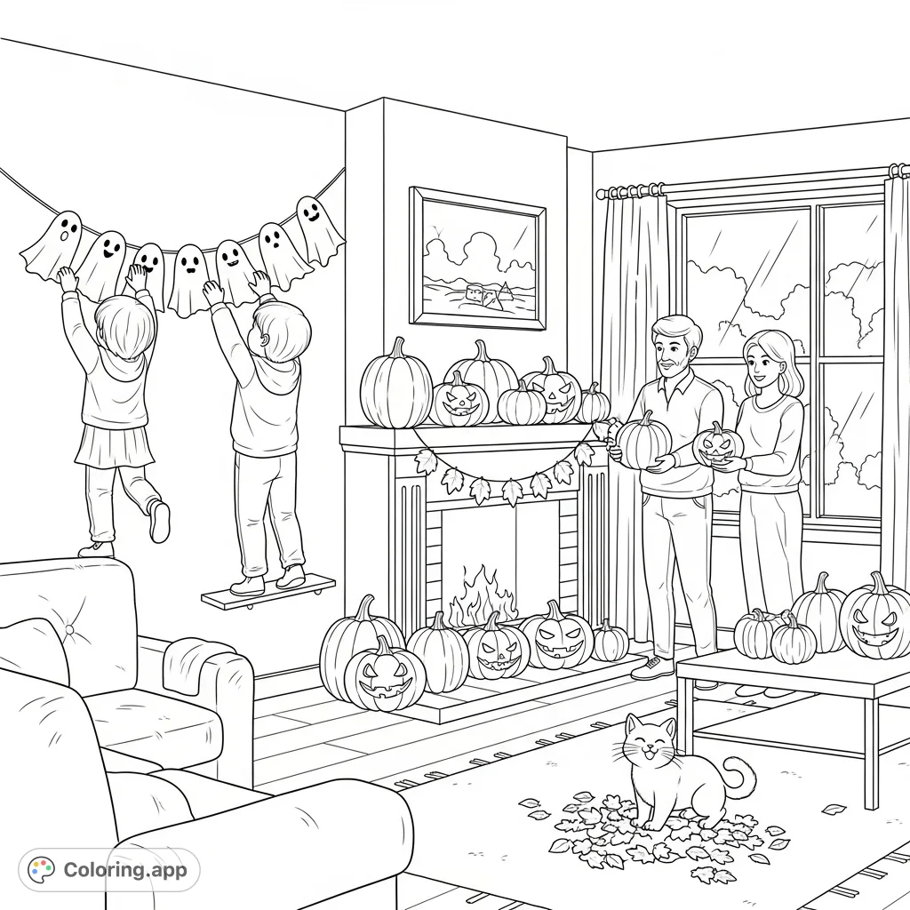 A heartwarming scene of a family decorating their living room for autumn and Halloween. Children hang ghost garlands, parents arrange pumpkins, and a cat plays with leaves.