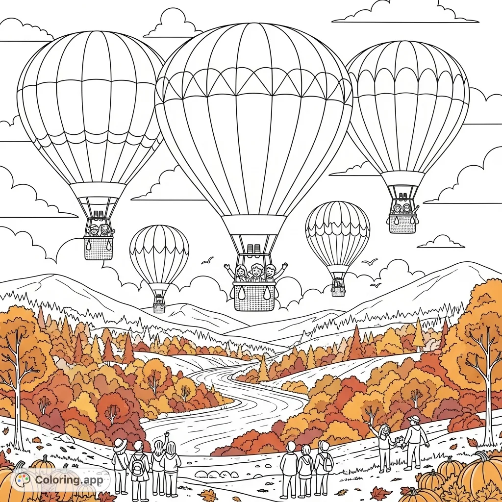 Experience the joy of an autumn hot air balloon festival. Majestic balloons float above rolling hills adorned with vibrant fall trees and a winding river.