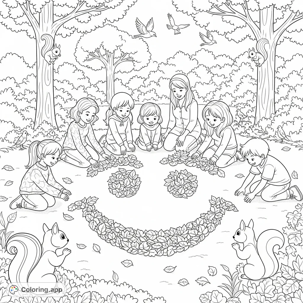A joyful autumn park scene with children and adults creating a giant smiling leaf face, observed by curious squirrels and birds.