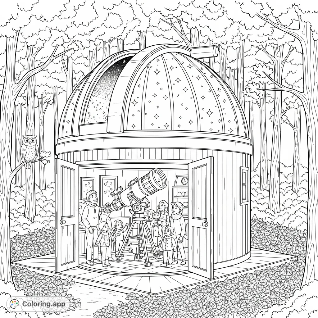 A cozy observatory nestled in autumn trees, where a family gazes through a telescope at a starry sky, with fallen leaves and a friendly owl nearby.