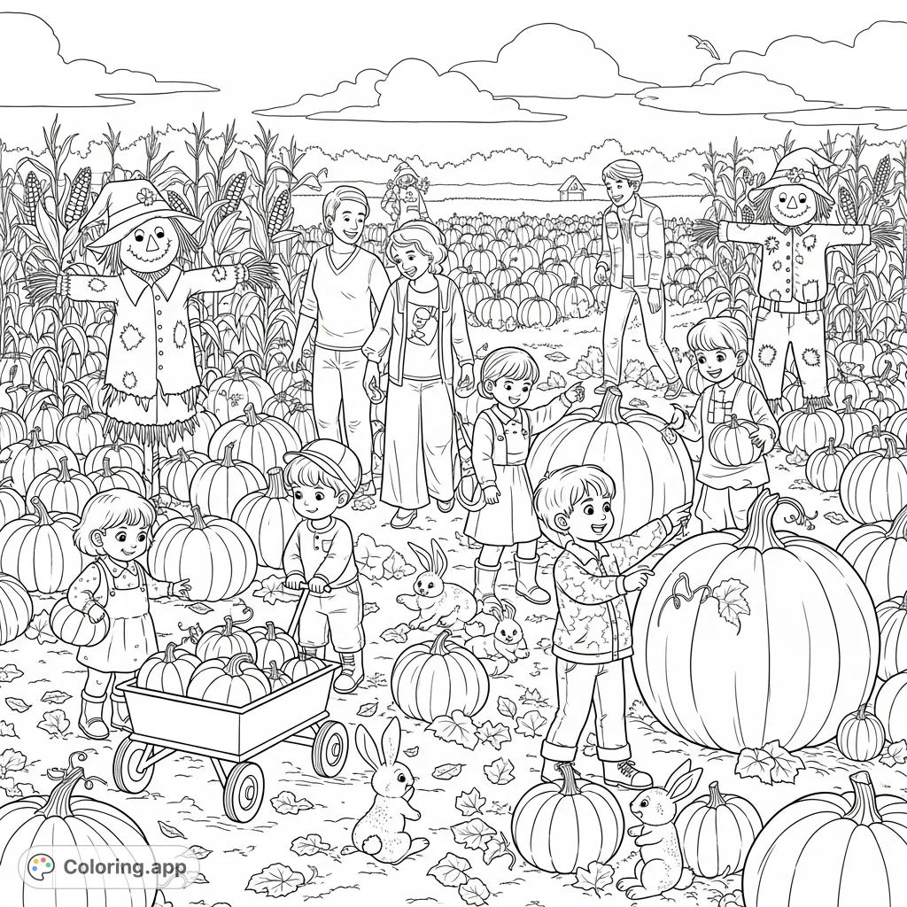 A cheerful autumn pumpkin patch scene with families, laughing children, wagons of pumpkins, friendly scarecrows, tall cornstalks, and playful bunnies.