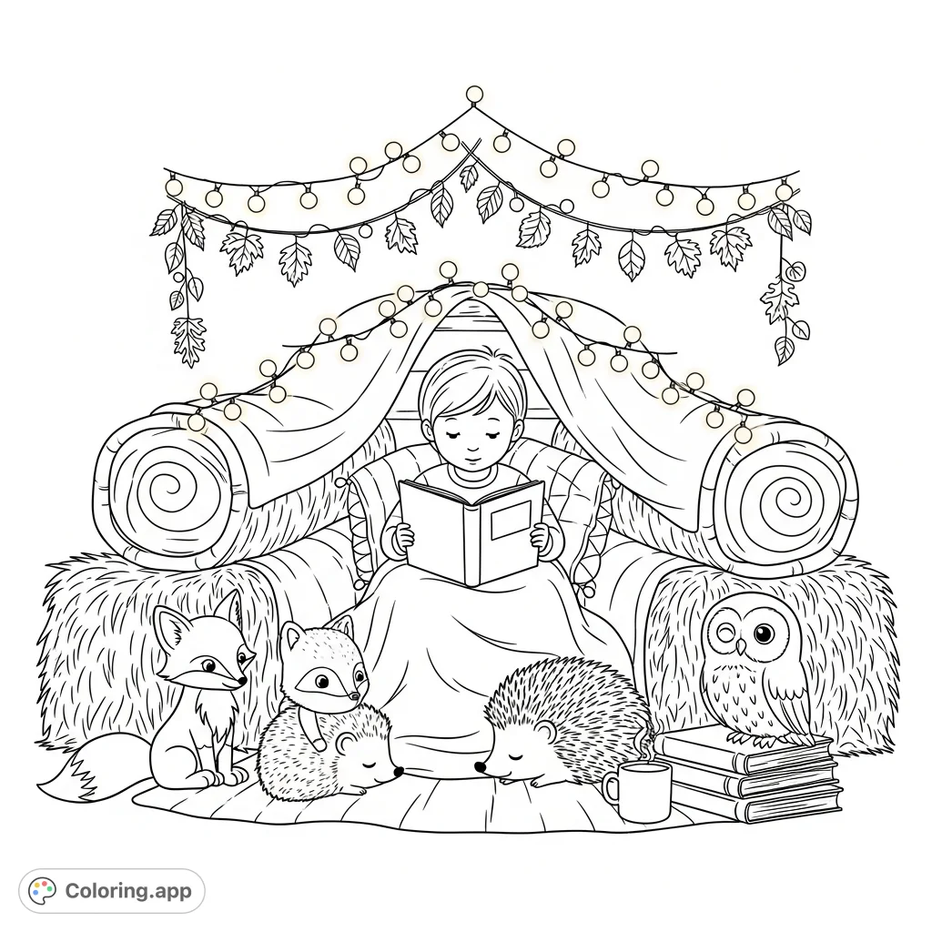 A charming coloring page depicting a child reading to attentive woodland animals in a cozy autumn story nook, adorned with leaves and fairy lights.