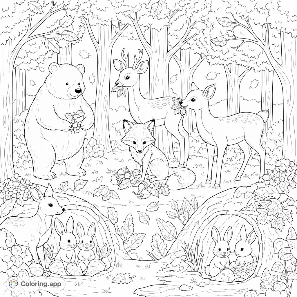 A detailed autumn forest scene with a bear, fox, deer, and rabbits preparing for winter amidst vibrant foliage.