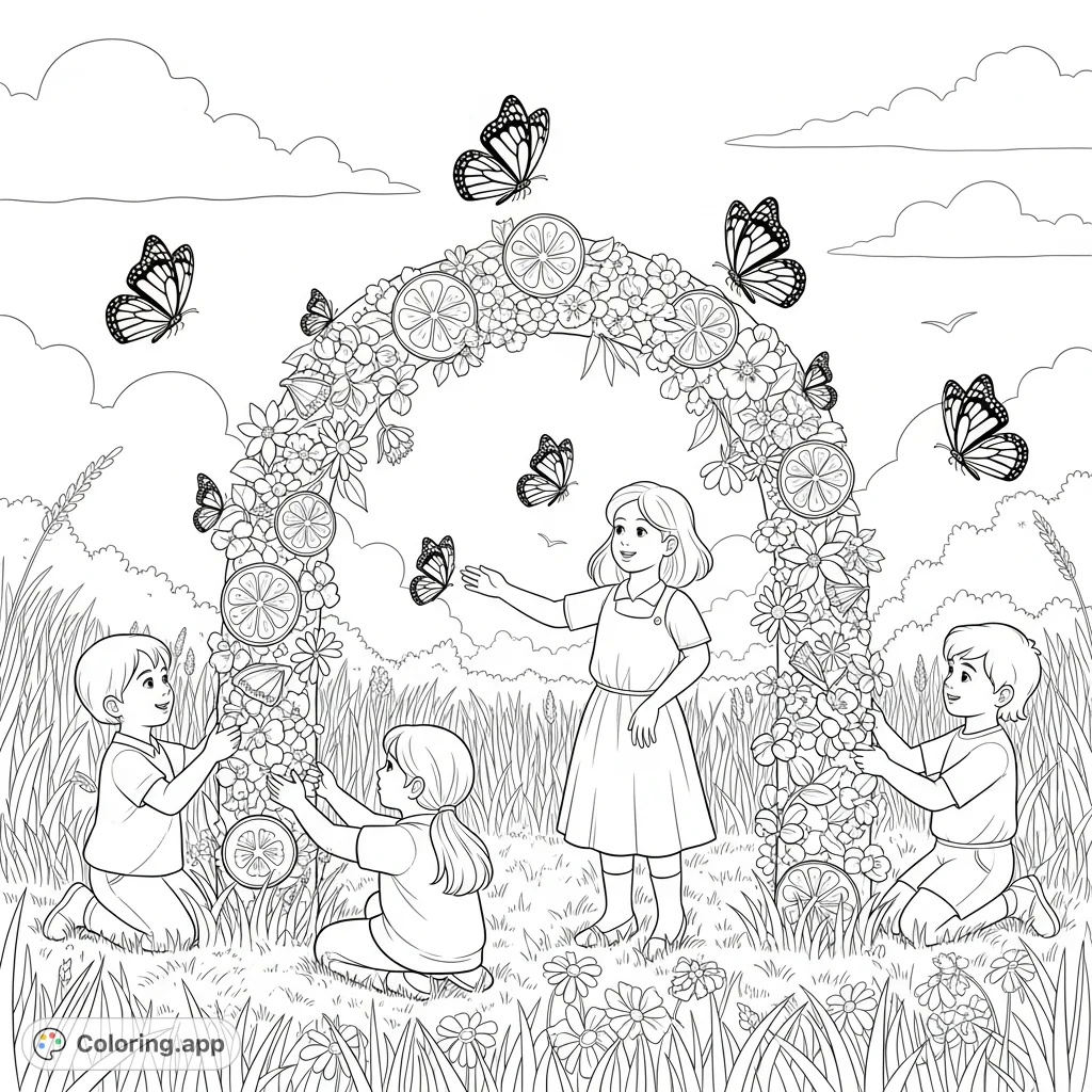 A delightful coloring page depicting children building a whimsical archway adorned with flowers and fruit for monarch butterflies in a sunny summer meadow.