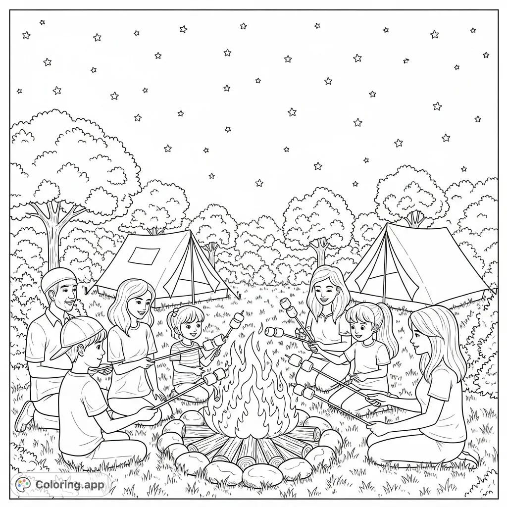 A delightful coloring page depicting a cheerful summer evening campfire gathering, with children and adults roasting marshmallows for s'mores under a star-filled sky.
