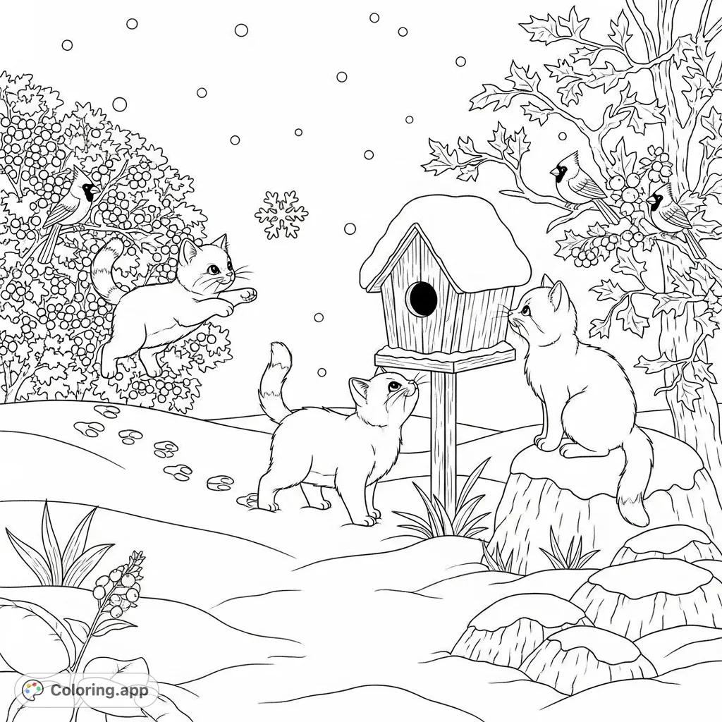 Explore a charming winter wonderland with three playful cats. One pounces at a snowflake, another sniffs a birdhouse, and a third watches cardinals in a berry bush.