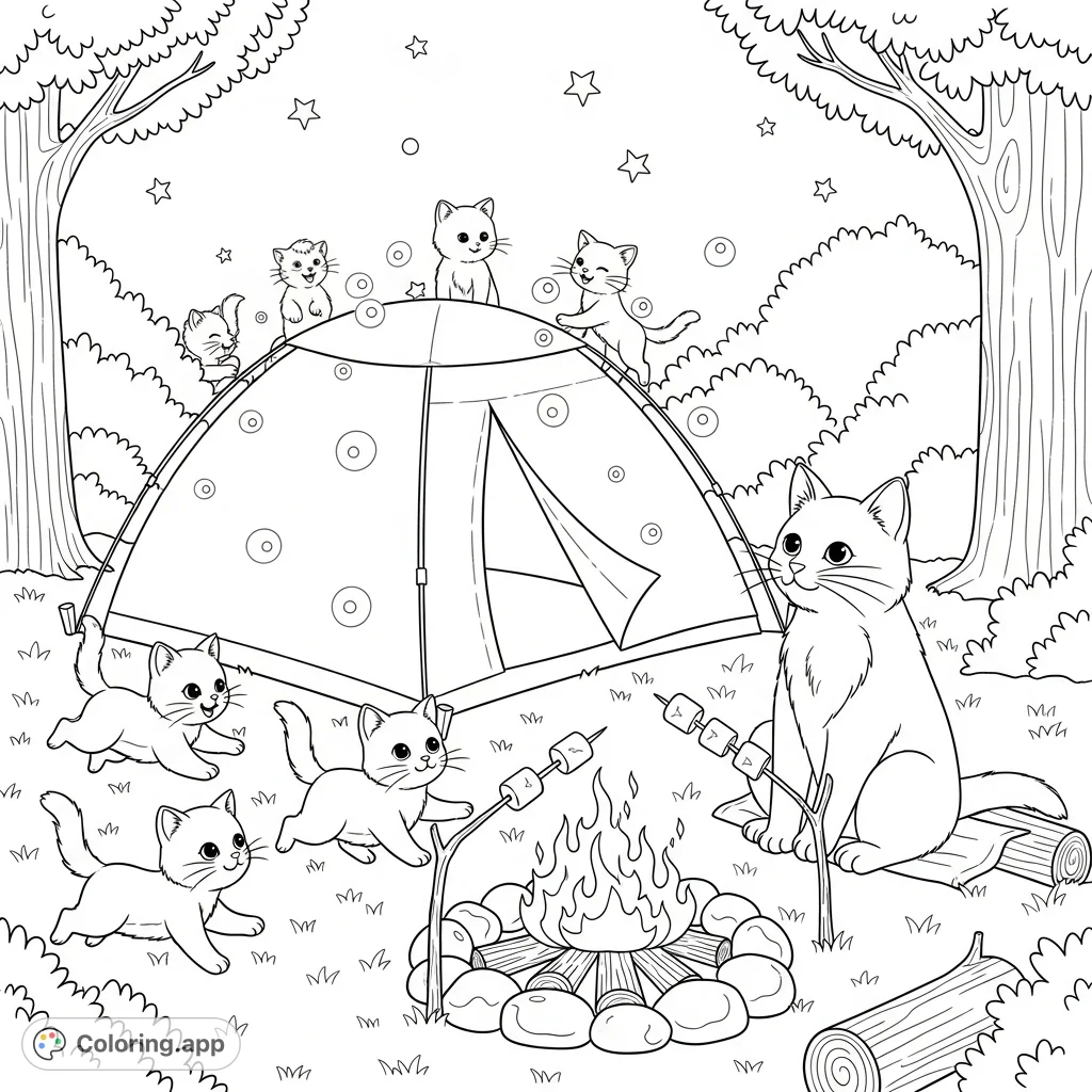 A charming coloring page depicting cheerful cats on a summer camping trip, with playful kittens, a cozy tent, a safe campfire, and twinkling stars.
