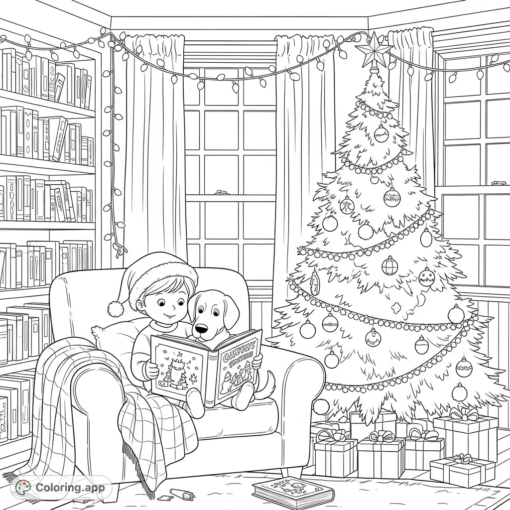 A delightful coloring page featuring a child and dog snuggled on an armchair, reading a Christmas storybook in a cozy, festively decorated home library.