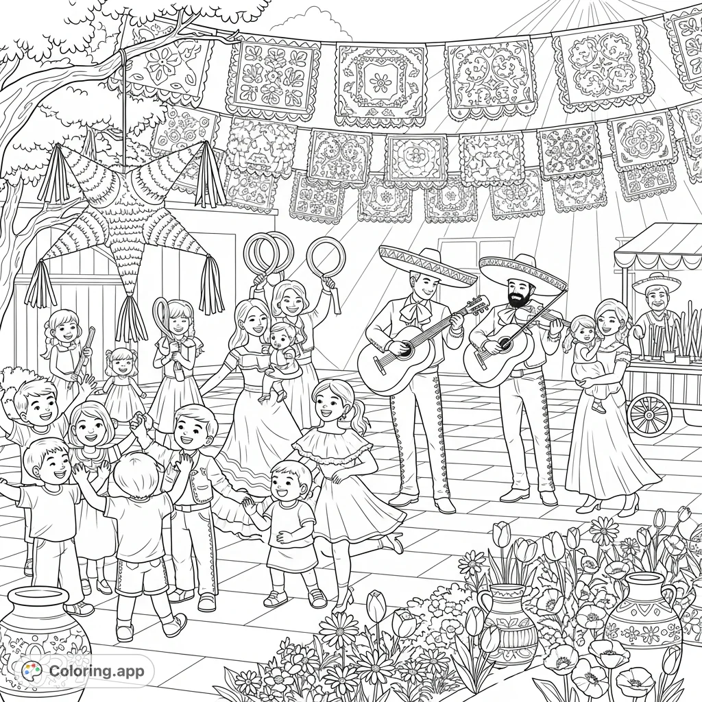 Celebrate Cinco de Mayo! A bustling town square, mariachi band, dancing families, fluttering papel picado, a piñata, flowers, and churros.