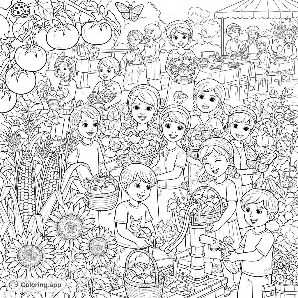 A vibrant community garden scene featuring diverse families harvesting an abundance of summer vegetables and fruits for a joyful outdoor potluck feast.
