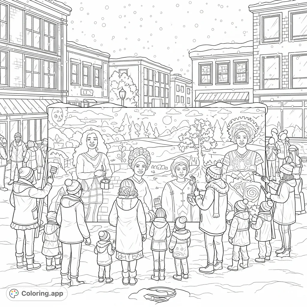 A diverse community paints a vibrant mural in a snowy town square, depicting winter scenes and symbols of Black history and cultural unity.