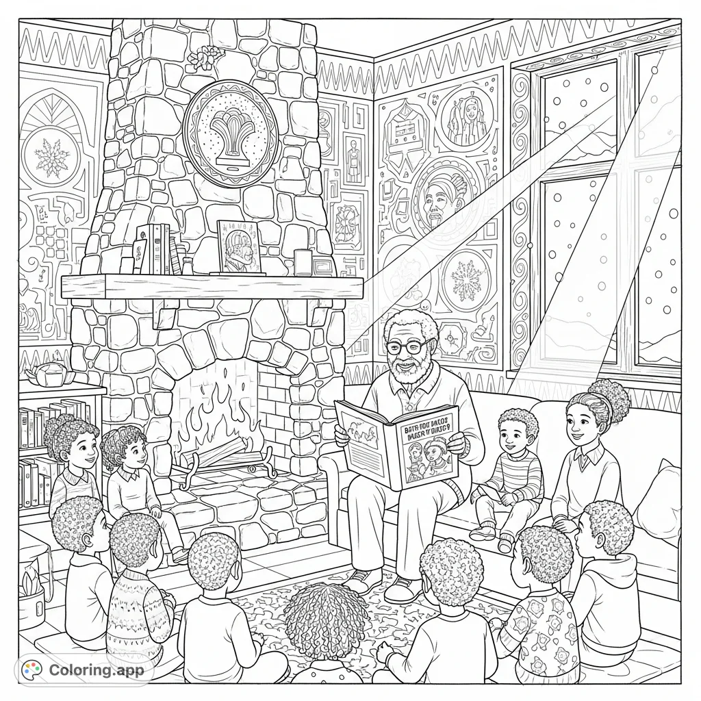 A heartwarming coloring page depicting an elder sharing Black history stories with diverse children in a cozy library nook by a crackling fire and snowy window.