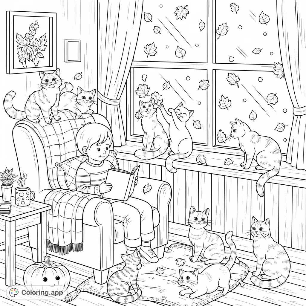 A heartwarming scene of a child reading in a cozy armchair, surrounded by happy cats and falling autumn leaves, celebrating National Cat Day and fall's comfort.