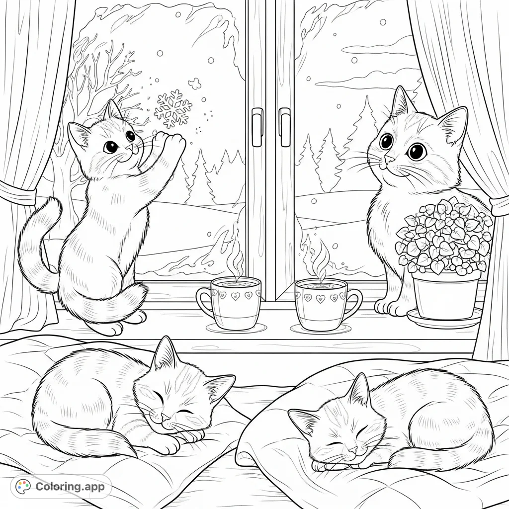 A delightful coloring page featuring three cats enjoying a cozy winter day indoors, with snowflakes, sunbeams, mugs, and a snowy view.