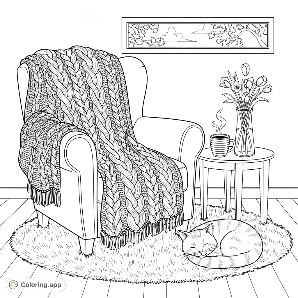 A tranquil reading nook features a comfy armchair with a knitted blanket, a mug, flowers, and a sleeping cat, all bathed in soft morning light.