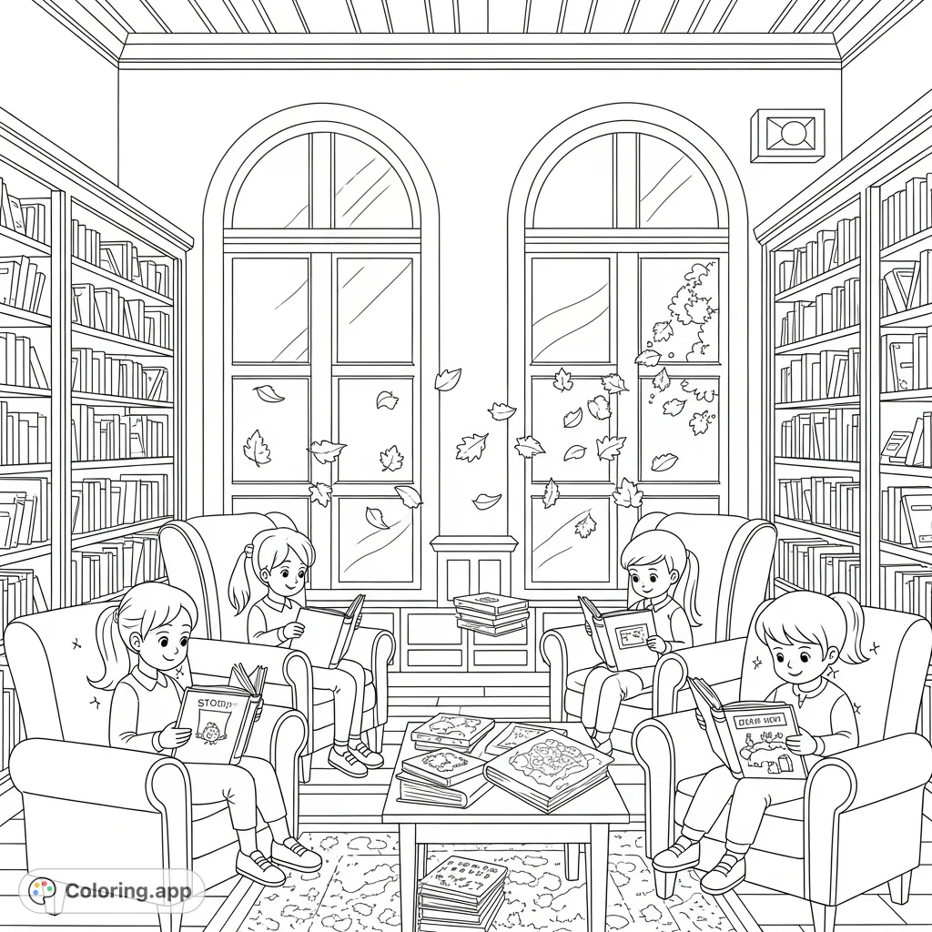 A serene vintage school library with children reading among tall bookshelves and cozy armchairs, as autumn leaves drift past arched windows.