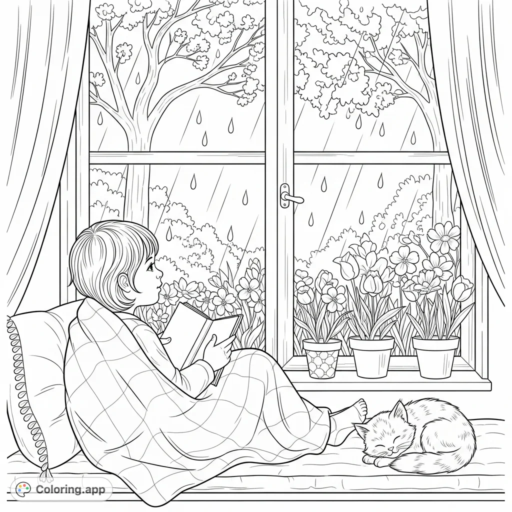 A child snuggled on a window seat, gazing at spring rain and blooming flowers, with a sleeping kitten. A scene of tranquil comfort.