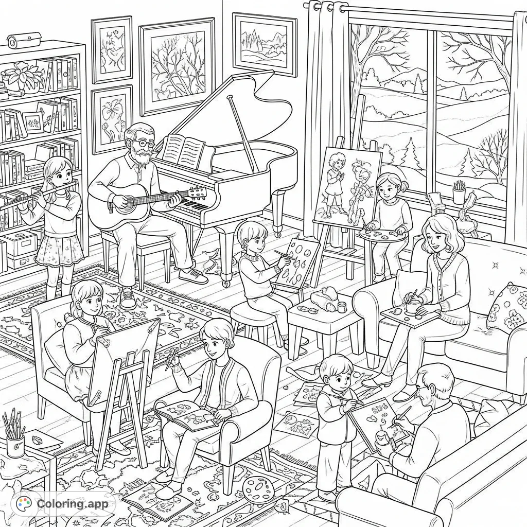 A heartwarming scene of family and friends enjoying music and art indoors, with a peaceful snowy landscape visible through a large window, embodying winter warmth.