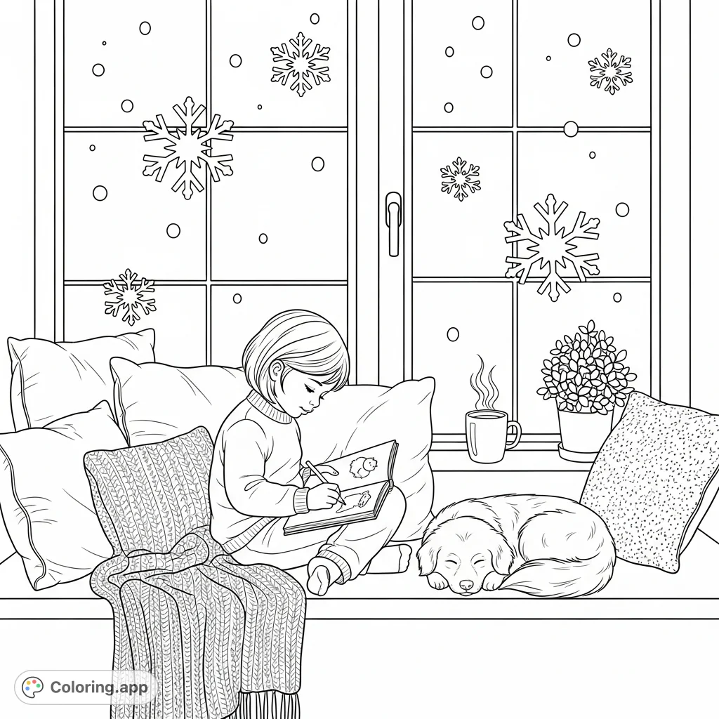 A serene winter scene featuring a child sketching on a window seat, a fluffy dog, a warm drink, and gentle snowfall outside. Perfect for relaxation.