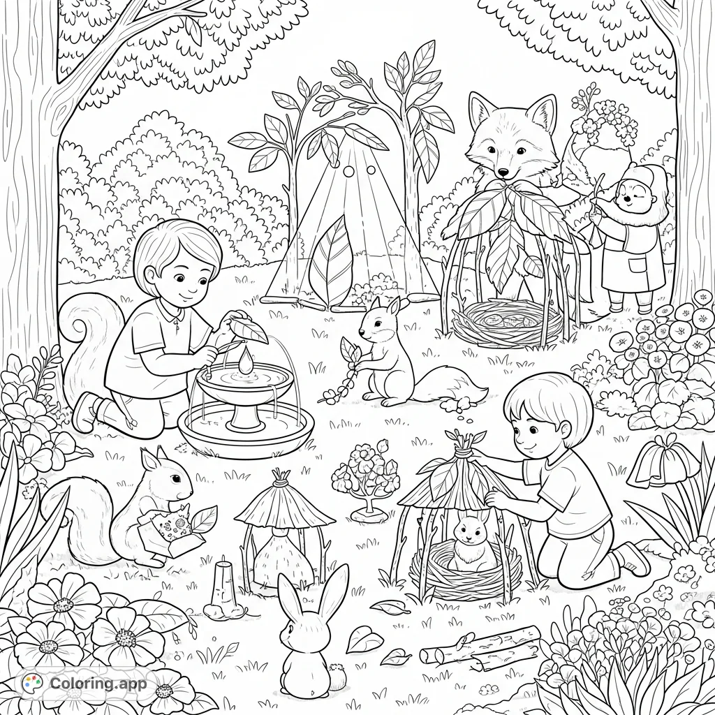 A joyful Earth Day scene with children and forest animals building whimsical nature structures: a dewdrop fountain, sunbeam catcher, and nesting nook amidst flowers.