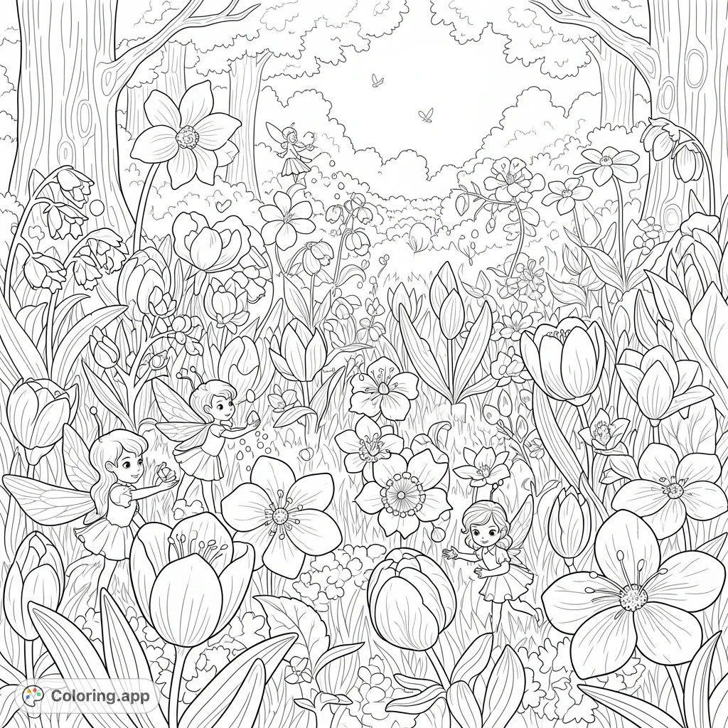 Step into an enchanted forest where tiny Bloom Sprites and shimmering dewdrop fairies bring spring to life. A magical scene of renewal and natural beauty.