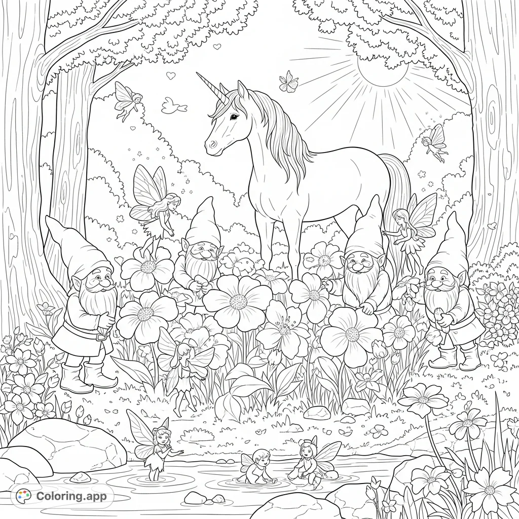 Discover a magical forest clearing with a majestic unicorn, gentle gnomes, sparkling fairies, and glowing fantasy flowers beside a babbling brook.