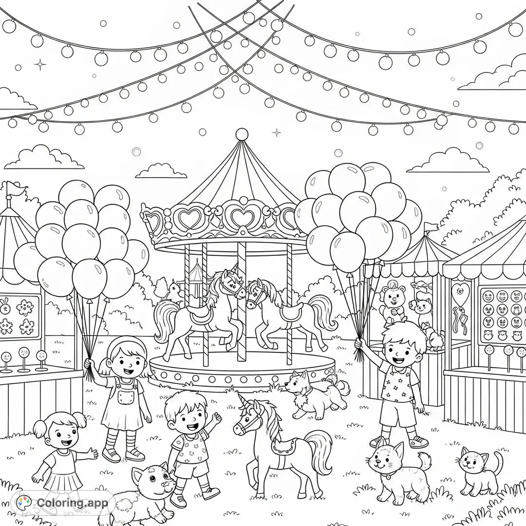 Step into a whimsical summer night fairground. Carousel animals, balloons, game booths, and playful fireflies under a twinkling twilight sky await your artistic touch.