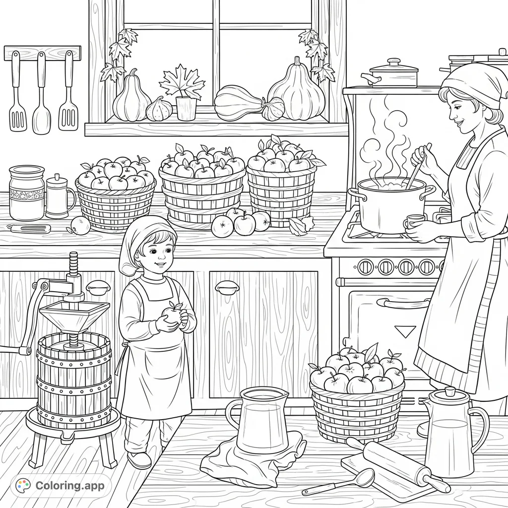 A heartwarming kitchen scene where a family makes fresh apple cider. Baskets of apples, a rustic press, and autumn decorations create a cozy atmosphere.