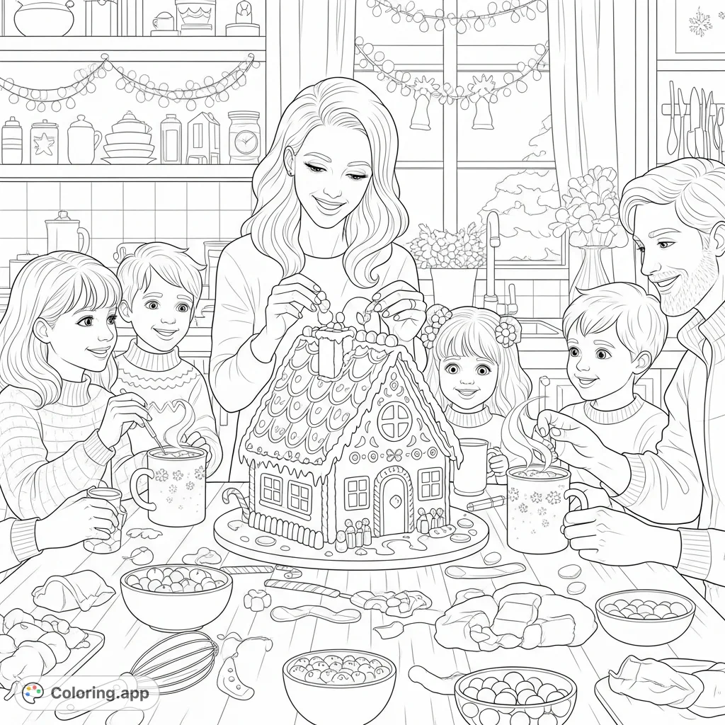 A delightful coloring page depicting a family joyfully decorating a magnificent gingerbread house in a cozy kitchen filled with holiday cheer.