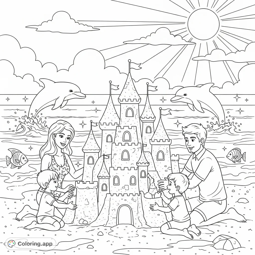 A delightful coloring page featuring a joyful family building an elaborate fantasy sandcastle on a sunny beach, with playful ocean waves and marine life.