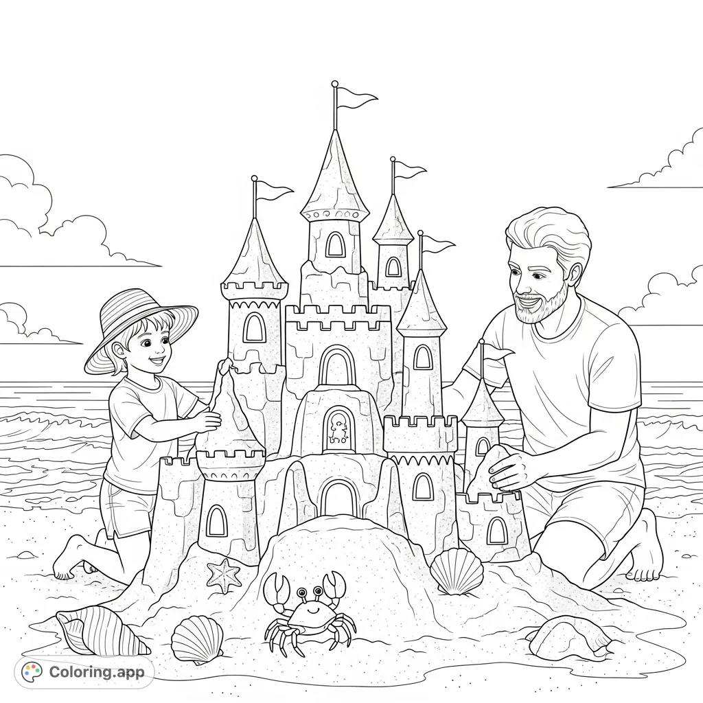 A heartwarming scene of a father and child joyfully constructing an elaborate sandcastle on a sunny beach, surrounded by shells, a crab, and sparkling ocean waves.