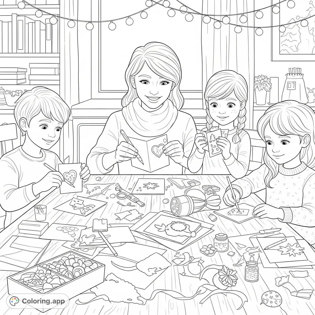 A delightful coloring page featuring children and an adult crafting holiday cards and ornaments together, surrounded by craft supplies and twinkling lights.