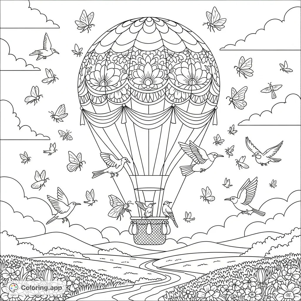 A delightful coloring page featuring a floral hot air balloon soaring above rolling hills, a sparkling river, and fields of wildflowers, surrounded by playful birds and butterflies.