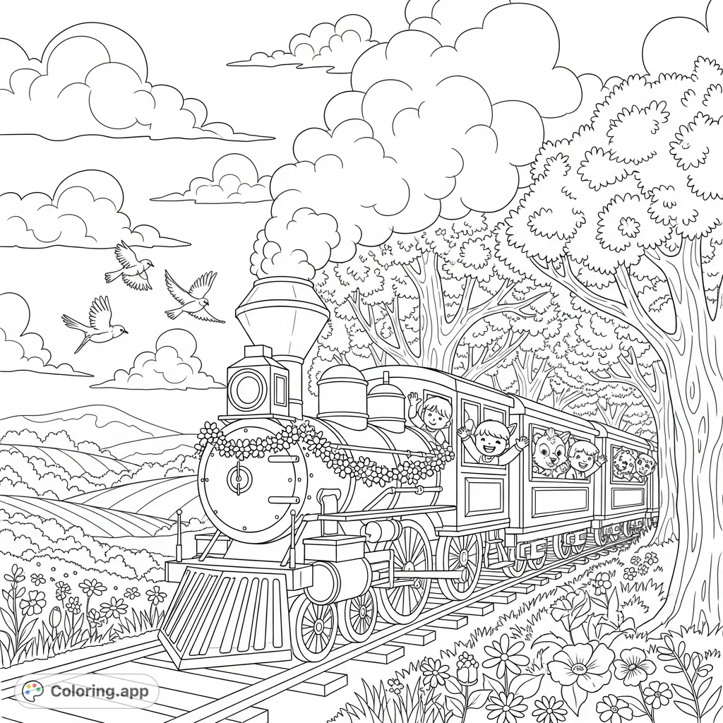 A charming old-fashioned steam train adorned with spring flowers, carrying happy children and forest animals through a vibrant, blossoming spring landscape.