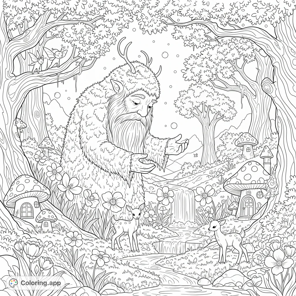 A majestic, moss-covered Forest Guardian nurtures a magical spring meadow with glowing flowers, whimsical mushroom houses, and tiny mythical creatures.