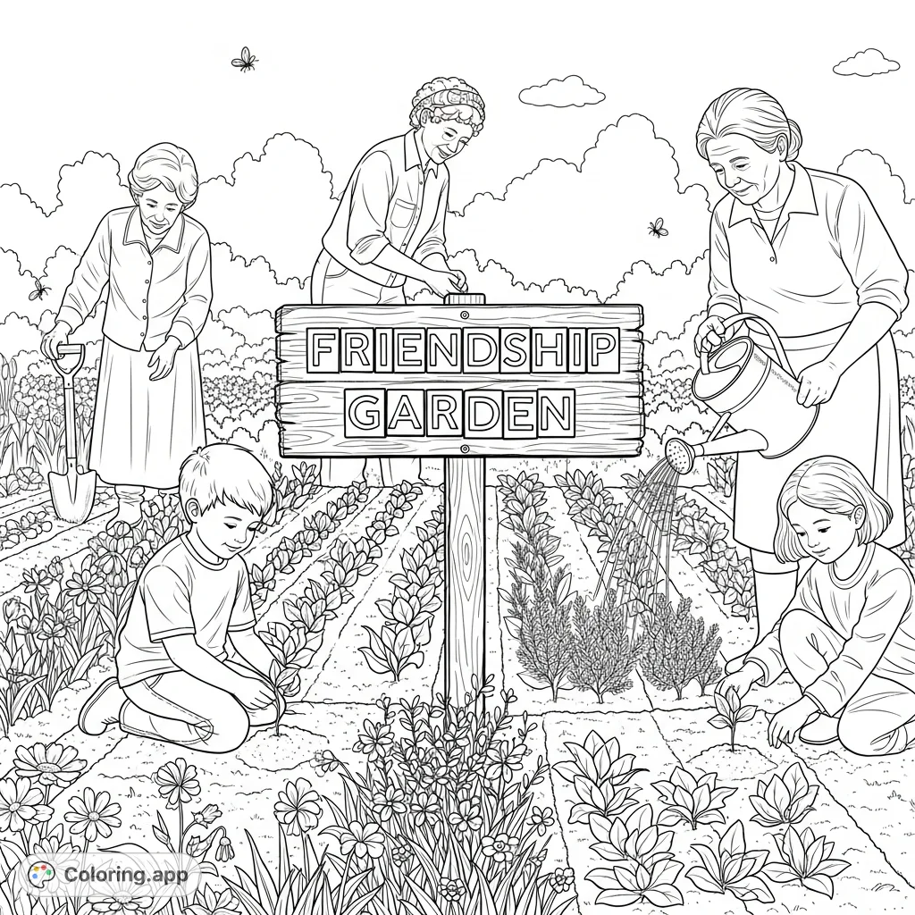 A heartwarming coloring page depicting a multi-generational community joyfully planting flowers, vegetables, and herbs together in a vibrant garden.