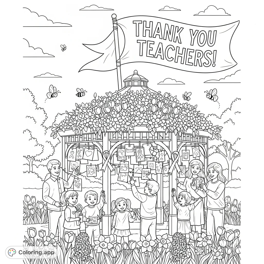 A heartfelt community park scene where families and children decorate a gazebo with handmade cards and spring flowers to thank teachers.