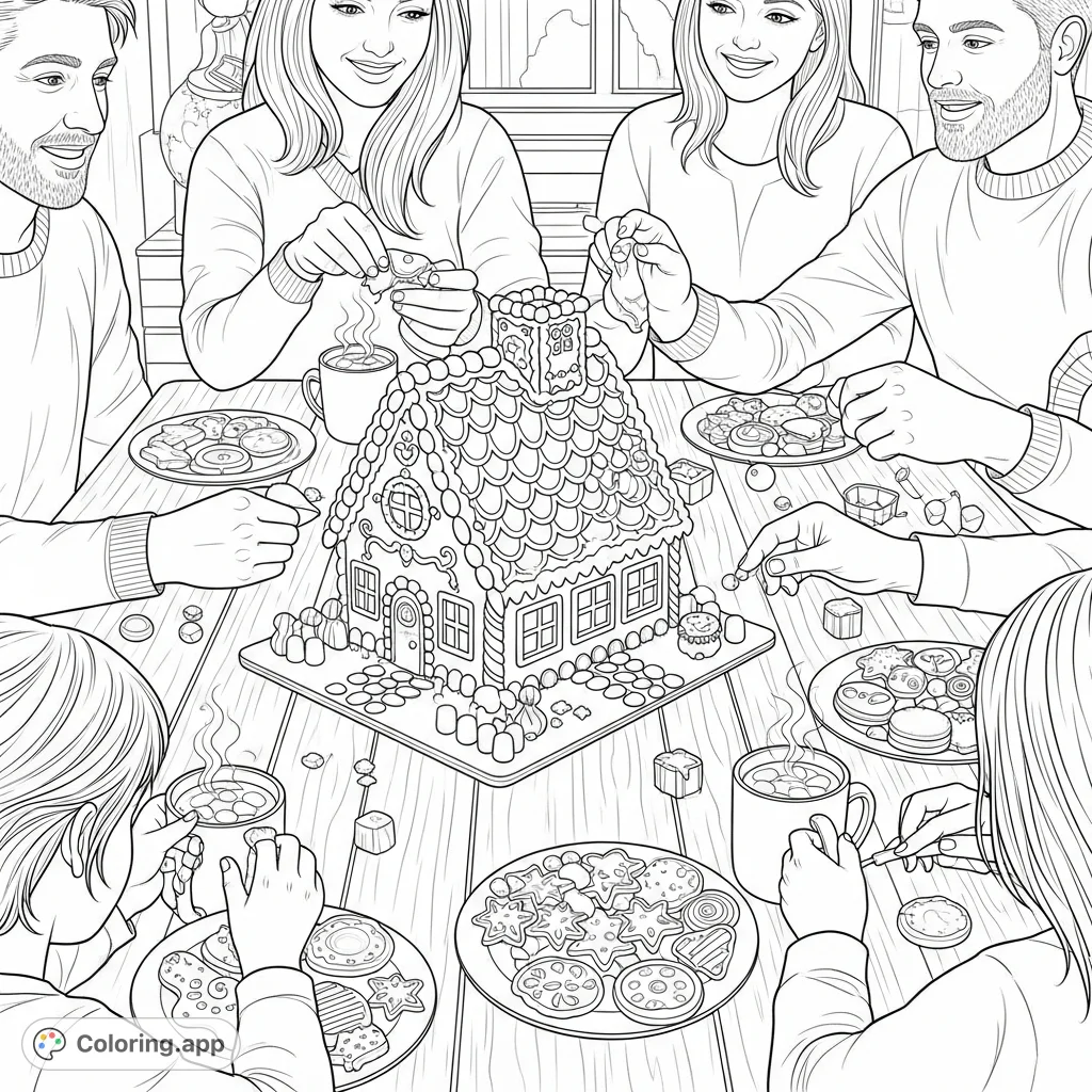 A delightful coloring page featuring friends and family decorating a detailed gingerbread house with candies and icing, surrounded by festive treats.
