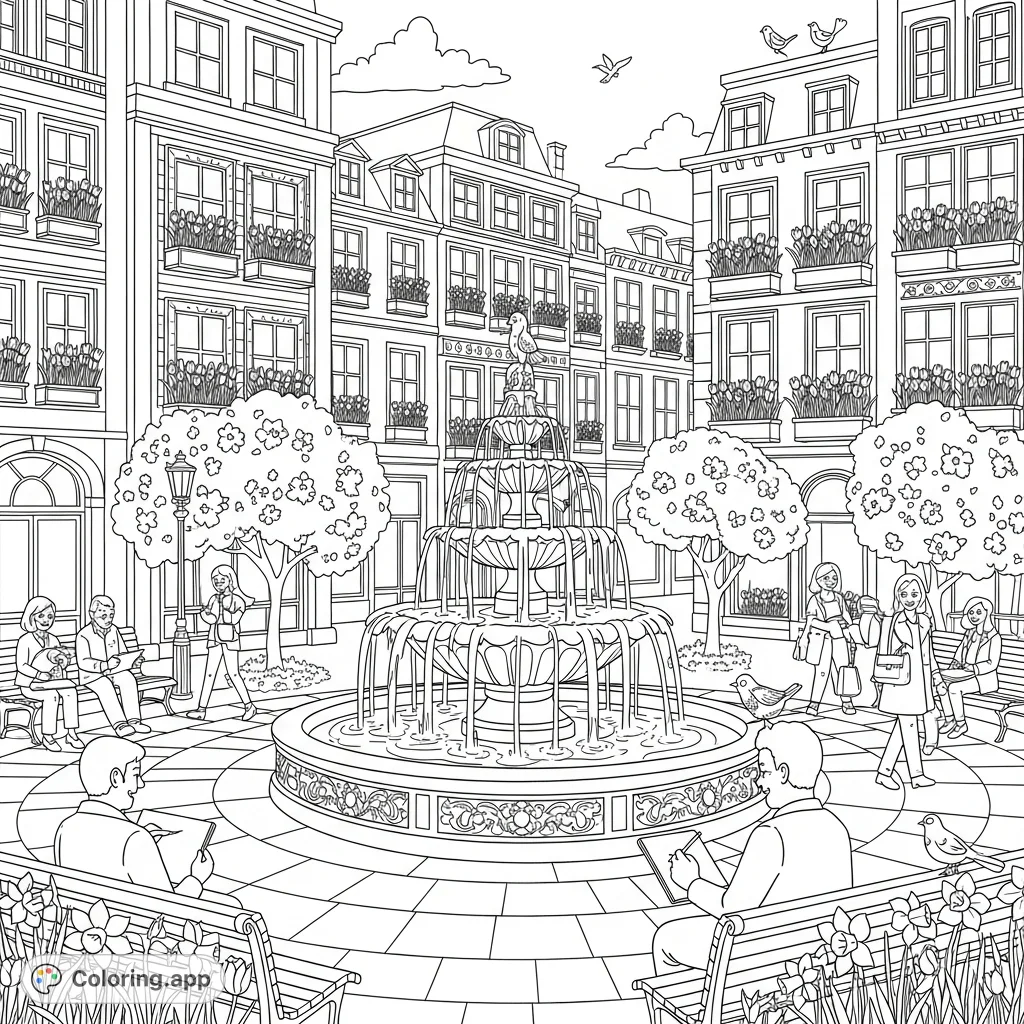 Immerse yourself in a grand city square with intricate buildings, overflowing flower boxes, a majestic fountain, and cheerful people enjoying a vibrant spring day.