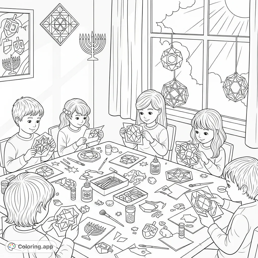 A cheerful group of children crafts Hanukkah suncatchers at a cozy table, bathed in sunlight. Festive shapes like dreidels and menorahs abound.