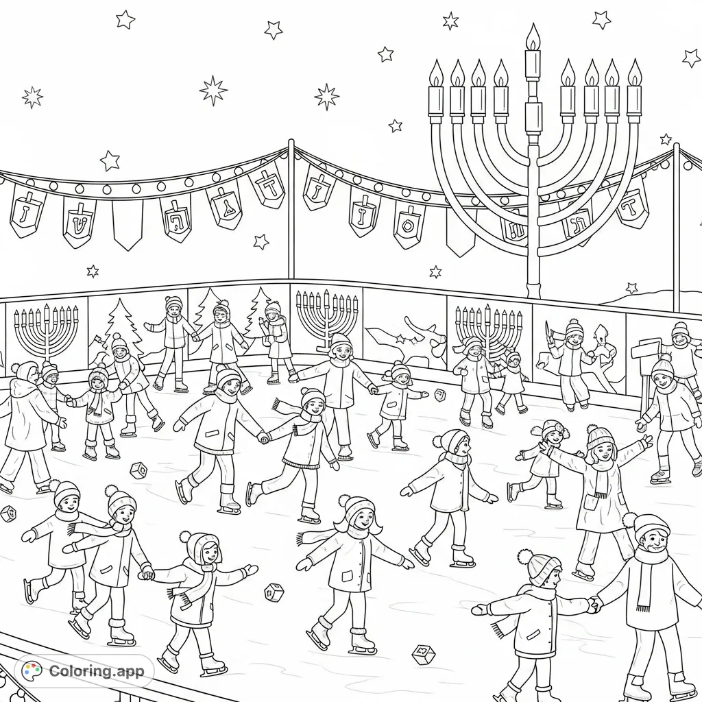 A festive outdoor ice skating scene comes alive with joyful skaters and detailed Hanukkah decorations, including a prominent menorah and twinkling lights.