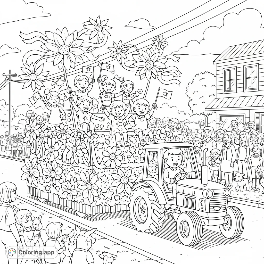 A vibrant Independence Day parade float, decorated with flowers, stars, and ribbons, carries children waving flags. A cheerful tractor pulls it past families and animals.