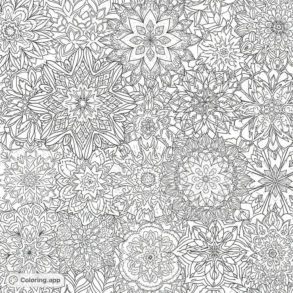 Discover a stunning coloring page filled with intricate, overlapping mandala patterns, each weaving in delicate winter elements like snowflakes and ice crystals.