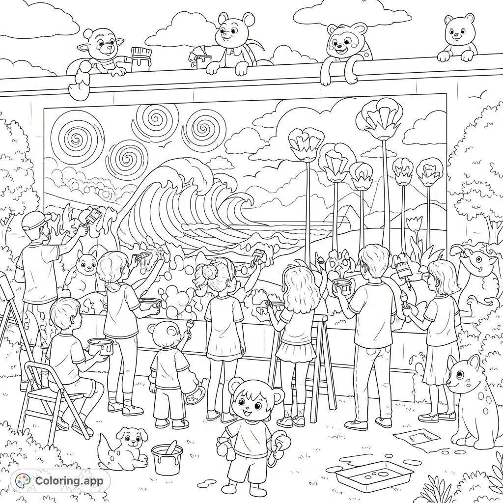 A joyful community art project featuring diverse people, cartoon animals, and a whimsical mural with suns, waves, flowers, and creatures.