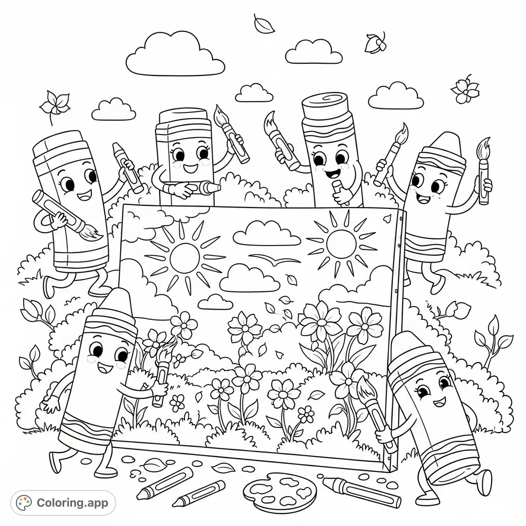 A whimsical coloring page featuring happy anthropomorphic crayons magically drawing a vibrant spring world of flowers, skies, and leaves on a giant canvas.