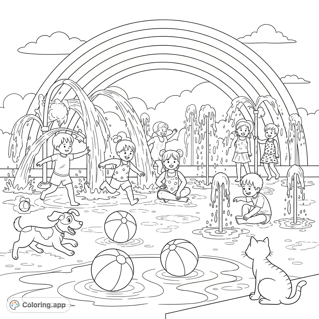 Dive into a joyful community splash pad scene! Kids and friendly animals play under water sprays and bubbling fountains, with beach balls and a bright rainbow.