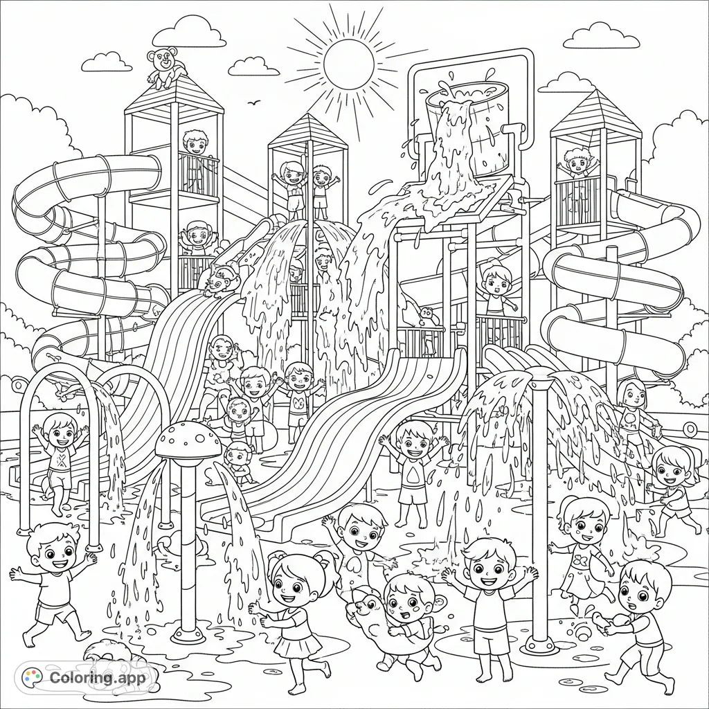 A lively splash pad scene with happy children, cartoon animals, rainbow slides, geysers, and a tipping bucket under a bright summer sun.