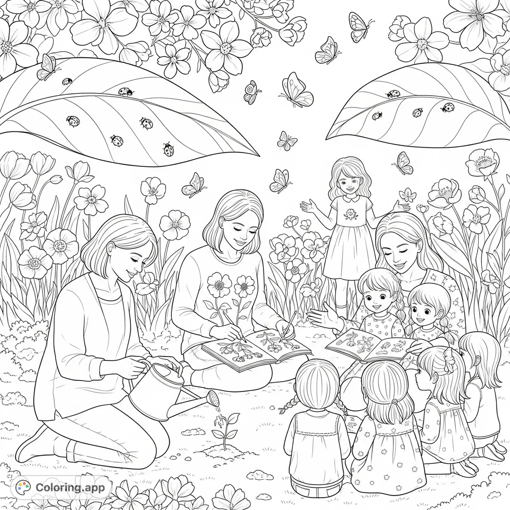 Experience a joyful spring garden where women and girls engage in nurturing, artistic, and communal activities amidst blooming flowers, fluttering butterflies, and friendly ladybugs.