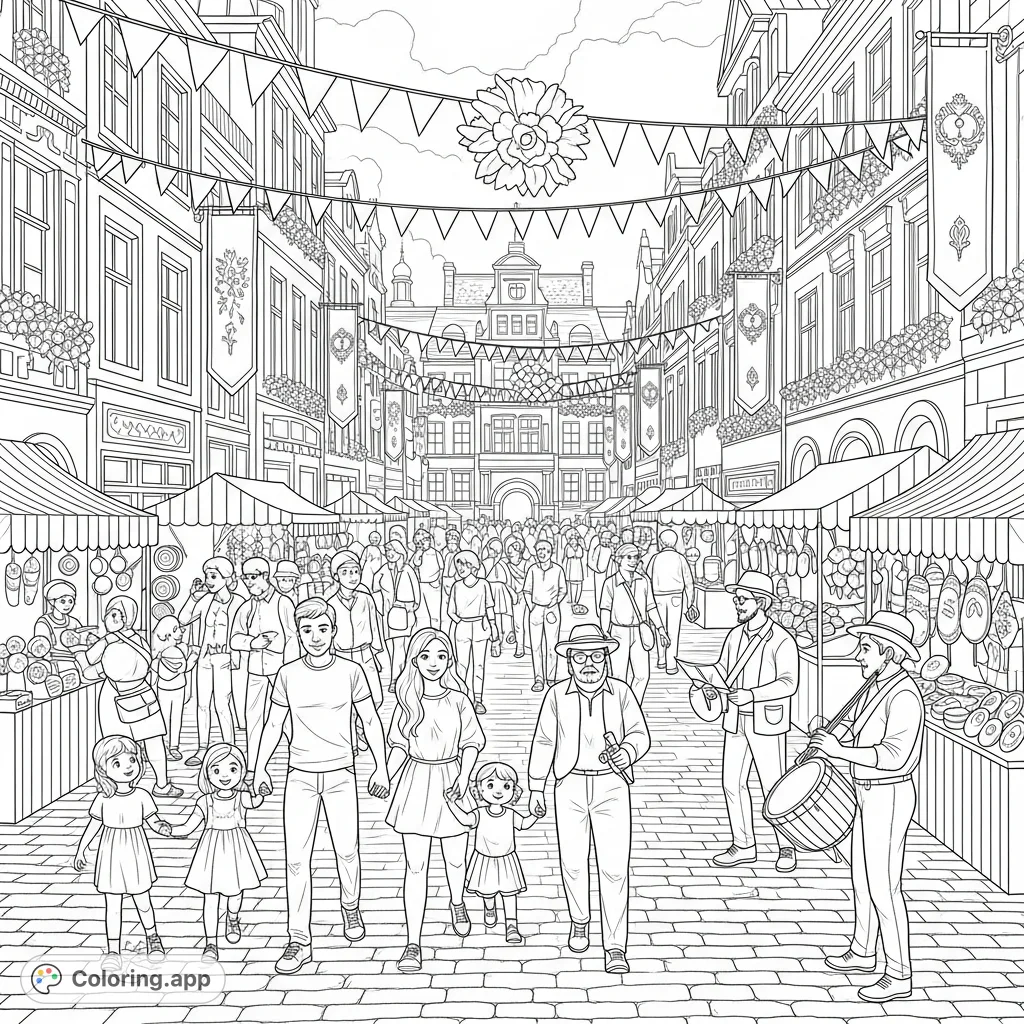 Experience a vibrant summer street festival in a historic town square, bustling with families, detailed architecture, flower decorations, vendors, and musicians.